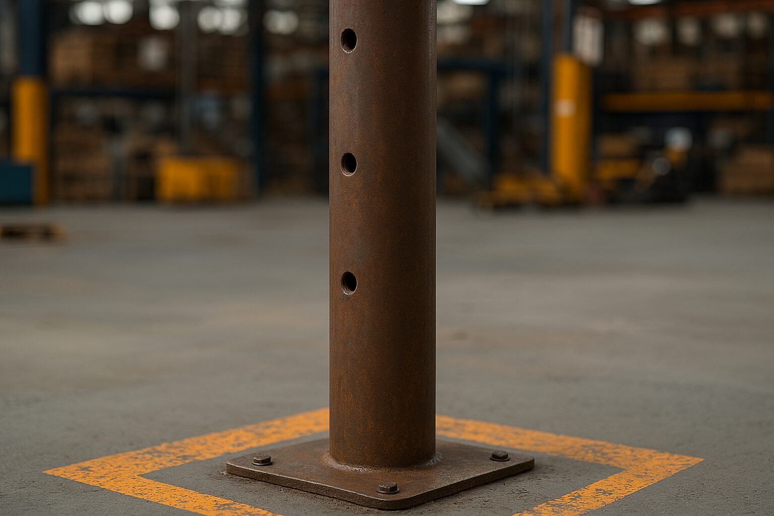 round steel post on a stand in a factory