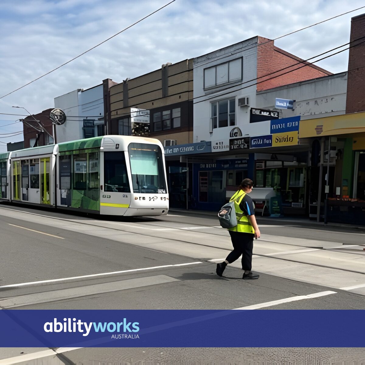 A participant crosses the road at a tram stop in her high-visability vest. A tram is idle behind her, and the street is lined with shops.