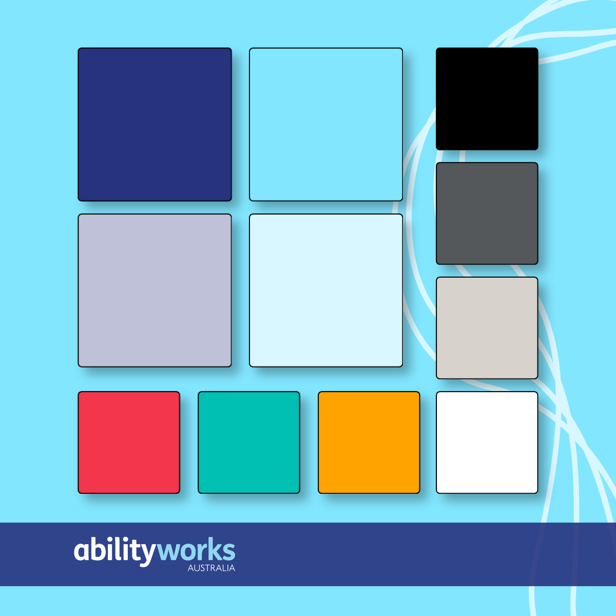 An assortment of coloured squares with rounded corners display the accessible Ability Works brand colours. Four large squares feature different shades of blue, and seven smaller squares are coloured red, aqua, orange, white, light grey, dark grey and black.