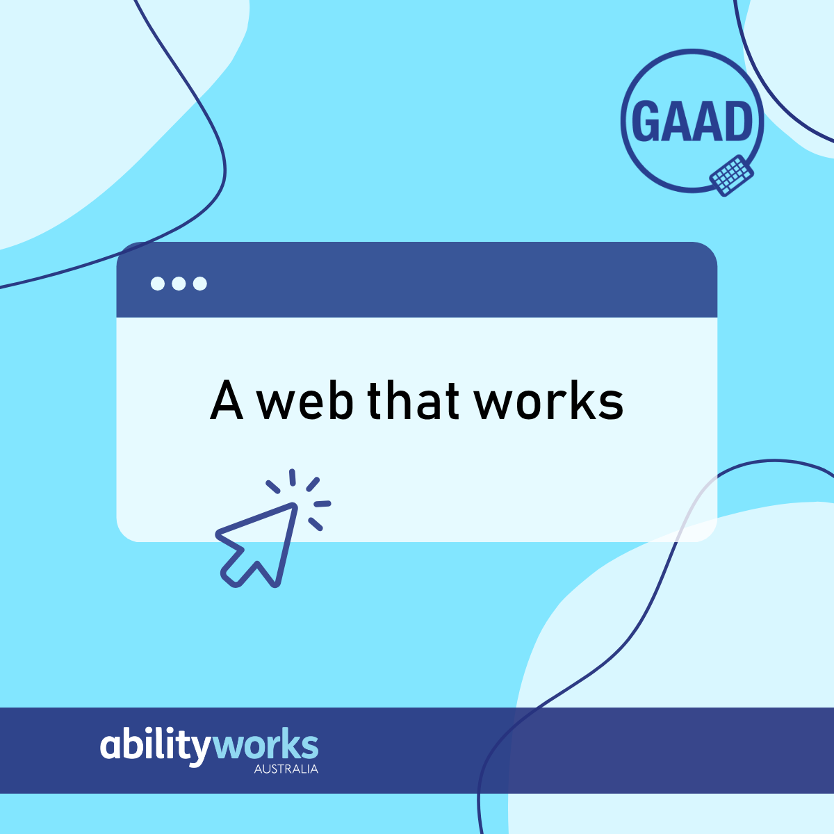A bright blue graphic with lighter blue shapes and darker blue lines features a pop-up window with a mouse pointer. Text in the window reads 