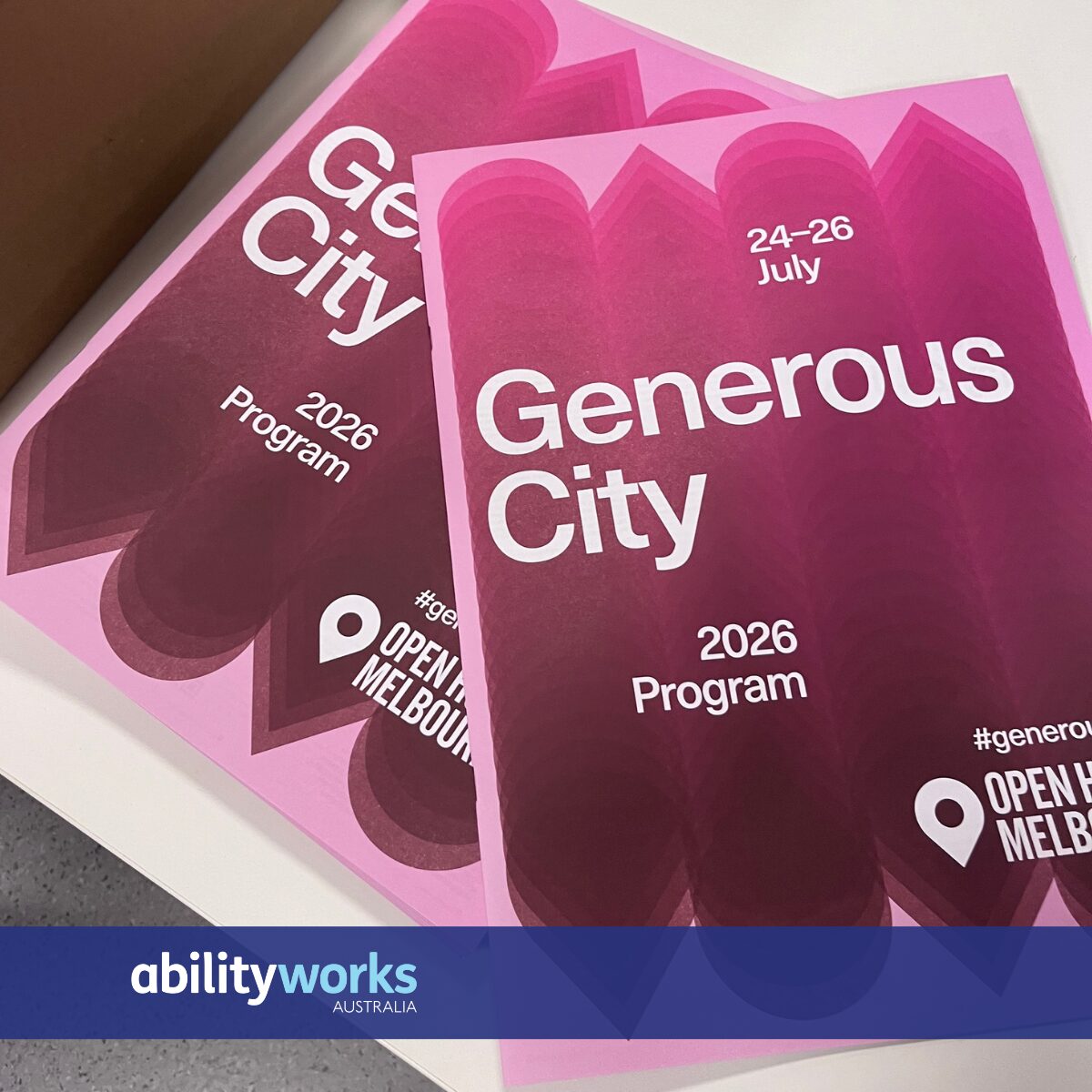 Two programs for the 2026 Open House Melbourne event, taking place from July 24-26. The programs are pink with a gradient of darker pink and purple, featuring the event title: Generous City.